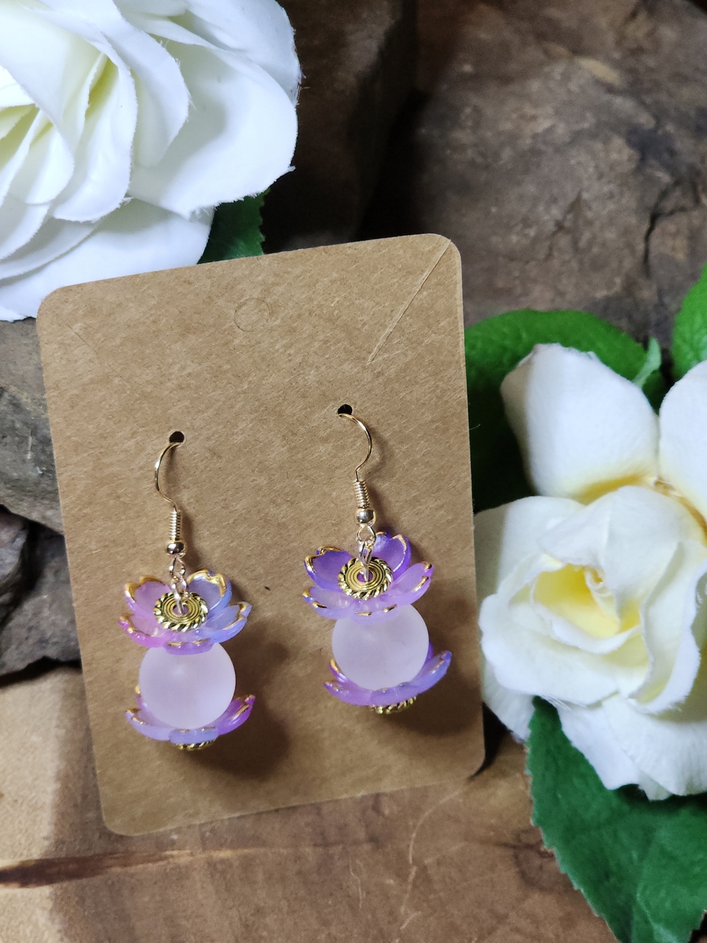 Handmade Purple Cherry Blossom Floral Drop Earrings – Gold Toned Accents